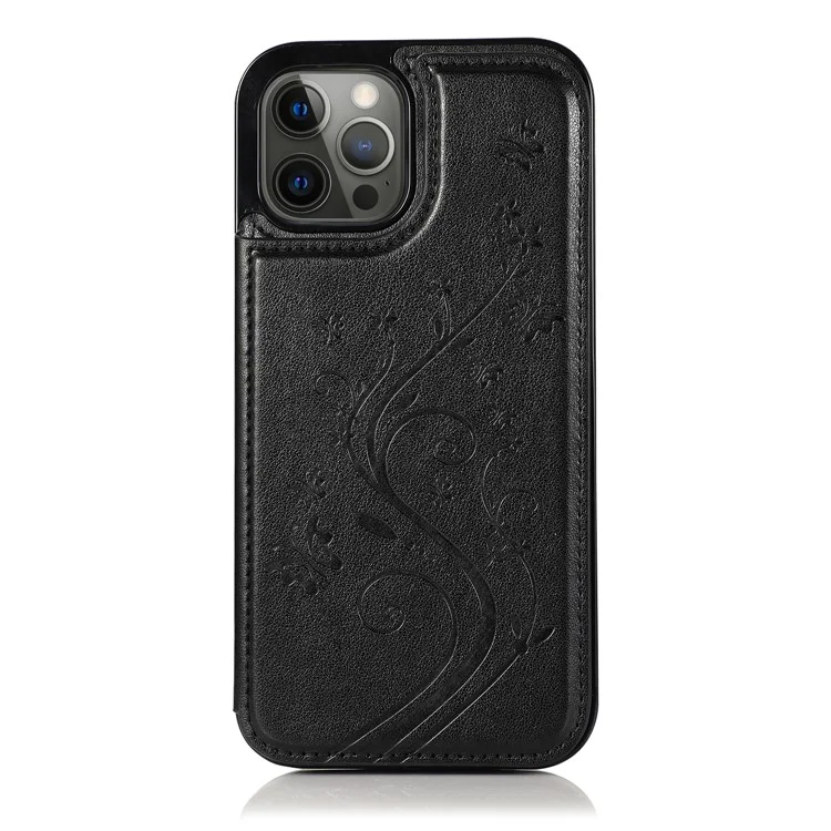 Imprinted Flower Kickstand Card Holder Scratch-resistant PU Leather Coated TPU Protective Case Phone Cover for iPhone 13 Pro Max 6.7 inch - Black