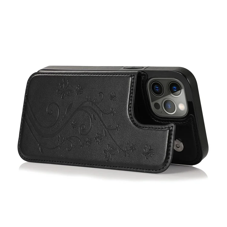 Imprinted Flower Kickstand Card Holder Scratch-resistant PU Leather Coated TPU Protective Case Phone Cover for iPhone 13 Pro Max 6.7 inch - Black