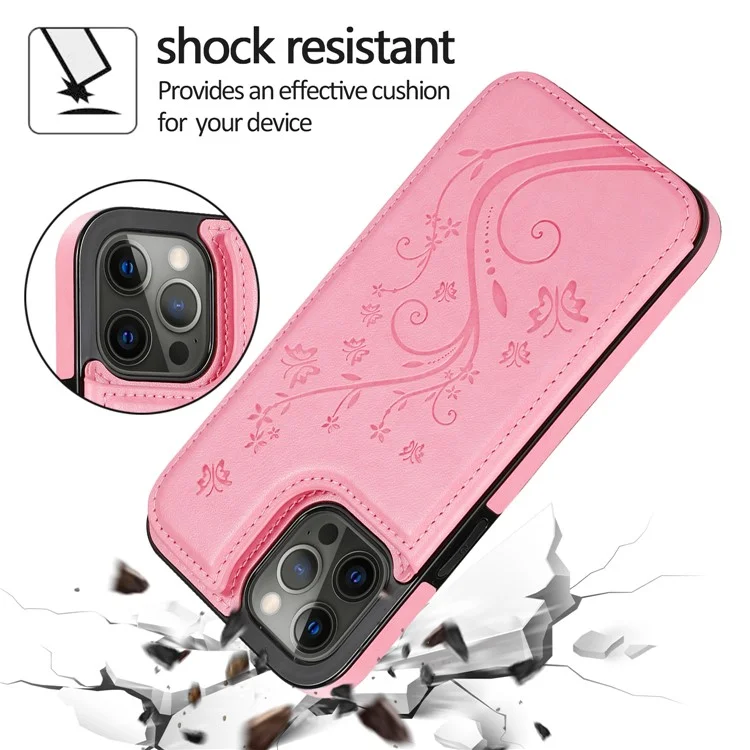 Imprinted Flower Kickstand Card Holder Scratch-resistant PU Leather Coated TPU Protective Case Phone Cover for iPhone 13 Pro Max 6.7 inch - Black