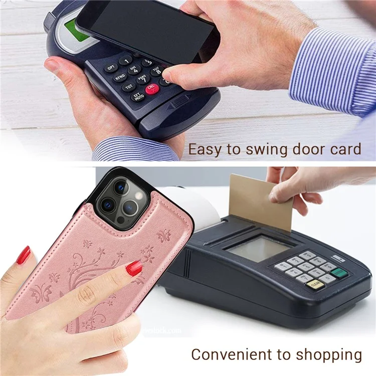 Imprinted Flower Kickstand Card Holder Scratch-resistant PU Leather Coated TPU Protective Case Phone Cover for iPhone 13 Pro Max 6.7 inch - Black