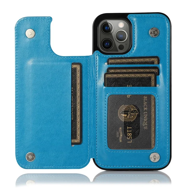 PU Leather Coated TPU Phone Case Double Magnetic Buttons Imprinted Flower Kickstand Card Holder Scratch-resistant Phone Cover for iPhone 13 Pro 6.1 inch - Dark Blue