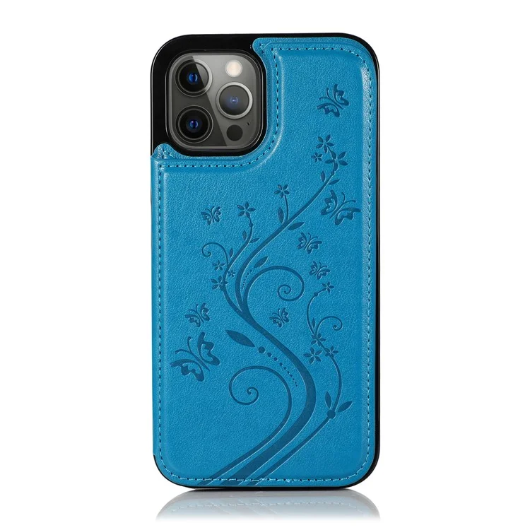 PU Leather Coated TPU Phone Case Double Magnetic Buttons Imprinted Flower Kickstand Card Holder Scratch-resistant Phone Cover for iPhone 13 Pro 6.1 inch - Dark Blue