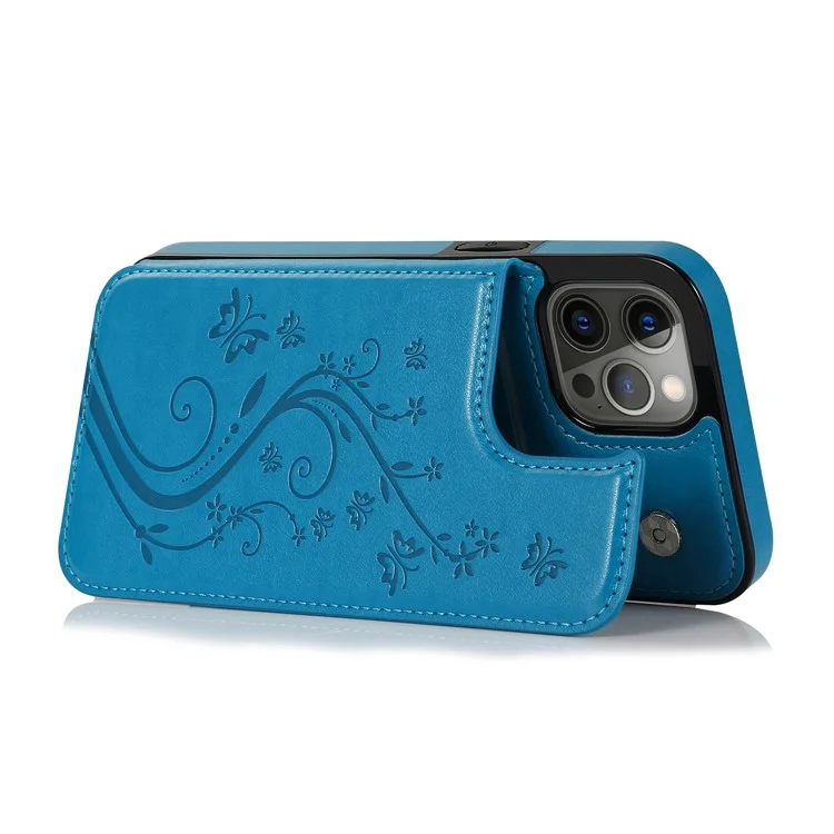 PU Leather Coated TPU Phone Case Double Magnetic Buttons Imprinted Flower Kickstand Card Holder Scratch-resistant Phone Cover for iPhone 13 Pro 6.1 inch - Dark Blue