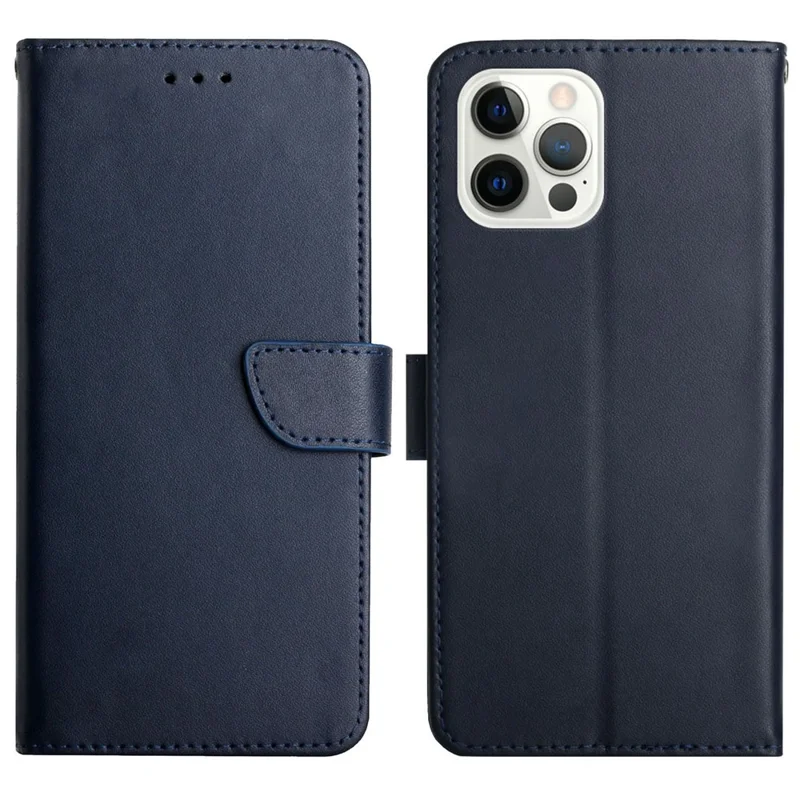 Nappa Texture Solid Color Cover Wallet Genuine Leather Phone Case Shell with Stand for iPhone 13 Pro 6.1 inch - Blue