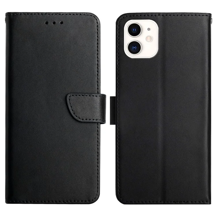 Nappa Texture Genuine Leather Flip Cover + Inner TPU Shell Wallet Stand Phone Case for iPhone 11 6.1 inch - Black