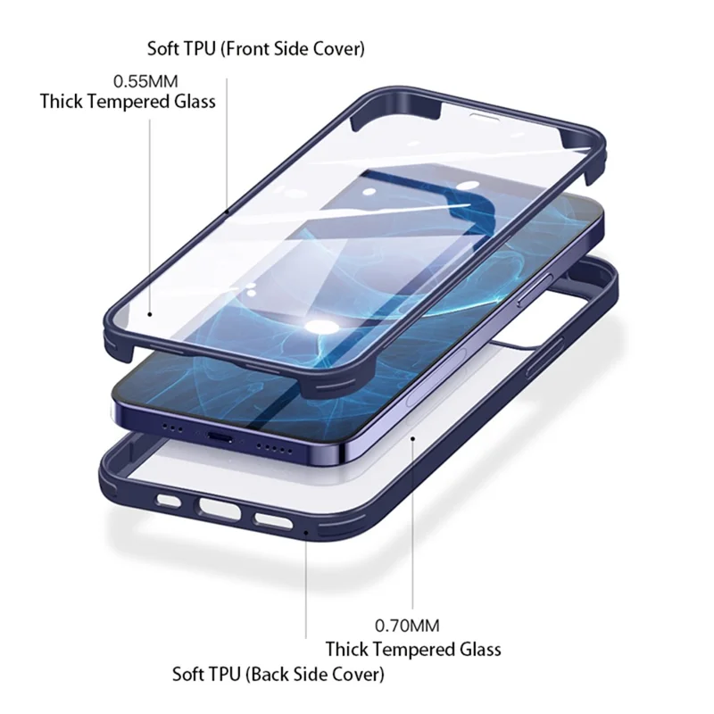 Shock Resistant Double-sided Tempered Glass Phone Case Phone Covering with TPU Edge for iPhone 13 Pro Max 6.7 inch - Blue