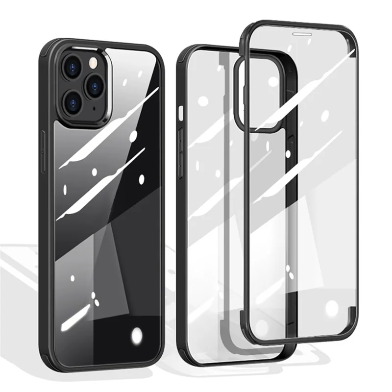 Shock Resistant Double-sided Tempered Glass Phone Case Phone Covering with TPU Edge for iPhone 13 Pro Max 6.7 inch - Black