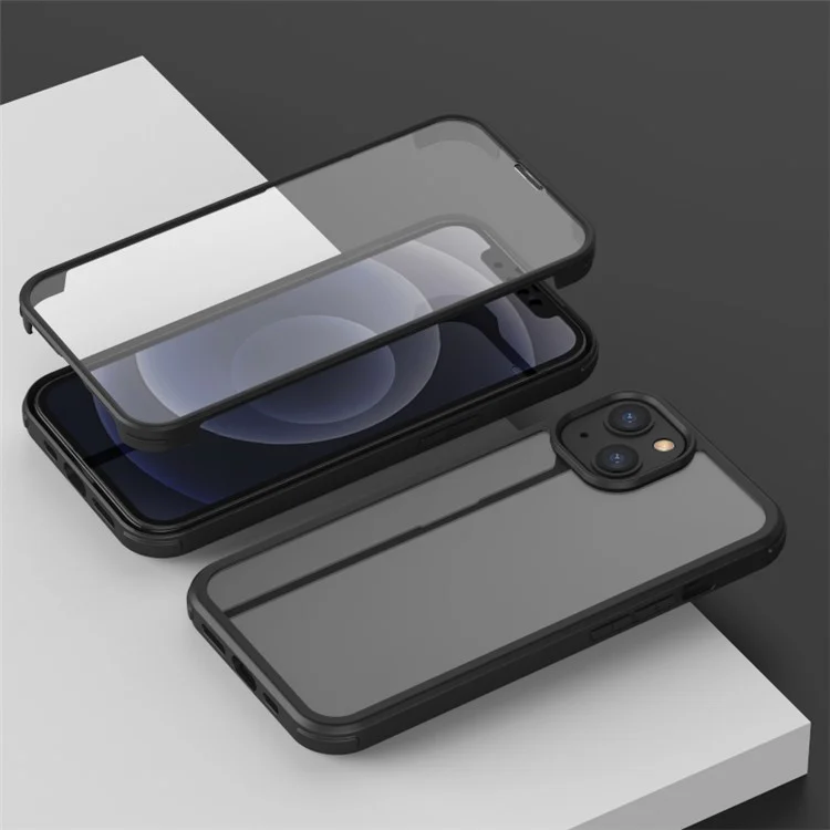 Scratch-resistant Double-sided Tempered Glass+TPU Edge Phone Case Phone Covering for iPhone 13 6.1 inch - Black