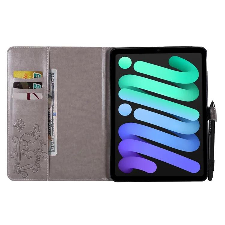 Serie di tablet KT-3 Butterfly Imprinted Magnetic Clasp Wallet Stand Design Anti-Drop Leather Tablet Case per iPad mini (2024) / mini (2021) - Grigio