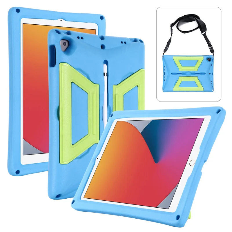 Portable Handle Kickstand Design EVA + PC Shockproof Tablet Case Shell with Shoulder Strap for iPad 10.2 (2020)/(2019)/(2021)/iPad Air 10.5 inch (2019)/iPad Pro 10.5-inch (2017) - Blue/Green
