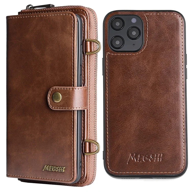 MEGSHI 020 Series Multifunction Magnetic Detachable Design Shoulder Bag Shockproof PU Leather and TPU Wallet Cover for iPhone 12 Pro Max 6.7 inch - Brown