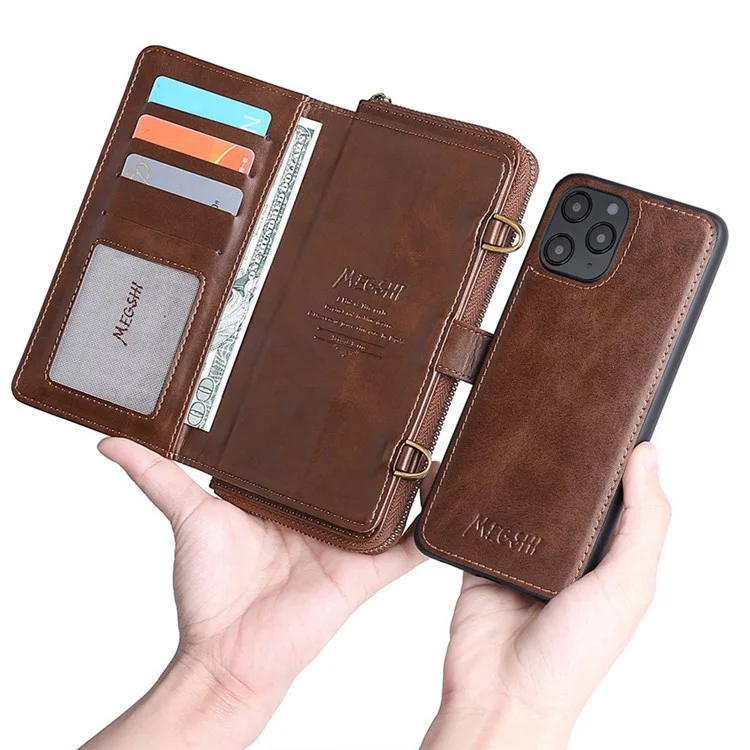 MEGSHI 020 Series Multifunction Magnetic Detachable Design Shoulder Bag Shockproof PU Leather and TPU Wallet Cover for iPhone 12 Pro Max 6.7 inch - Brown