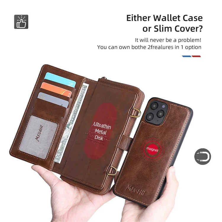 MEGSHI 020 Series Multifunction Magnetic Detachable Design Shoulder Bag Shockproof PU Leather and TPU Wallet Cover for iPhone 12 Pro Max 6.7 inch - Brown