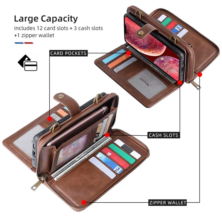 MEGSHI 020 Series Multifunction Magnetic Detachable Design Shoulder Bag Shockproof PU Leather and TPU Wallet Cover for iPhone 12 Pro Max 6.7 inch - Brown