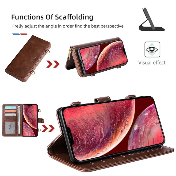 MEGSHI 020 Series Multifunction Magnetic Detachable Design Shoulder Bag Shockproof PU Leather and TPU Wallet Cover for iPhone 12 Pro Max 6.7 inch - Brown