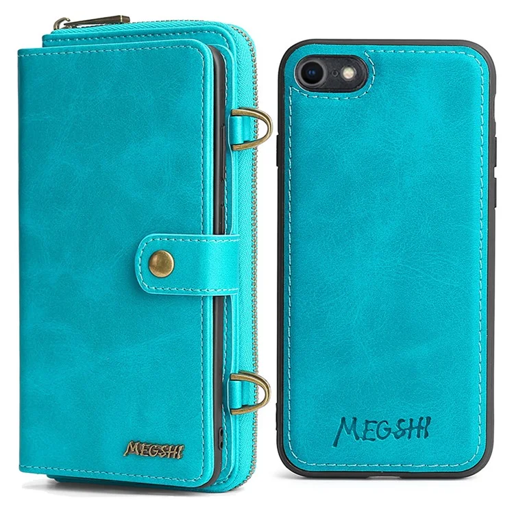 Megshi 020 Serie Desmontable 2-en-1 Diseño Magnético Resistente a Los Rasguños PU Cuero a Prueba de Choque y Billetera TPU Bolso de Hombro Para Iphone SE (2022)/SE (2020)/8/7 - Azul