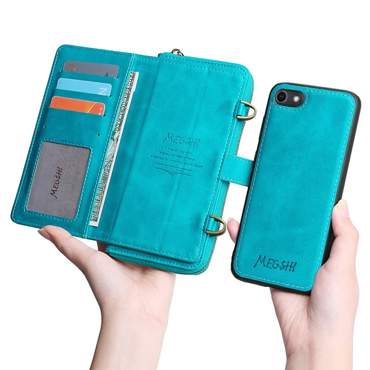 MEGSHI 020 Series Detachable 2-in-1 Scratch-resistant Magnetic Design Shockproof PU Leather and TPU Wallet Cover Shoulder Bag for iPhone SE (2022)/SE (2020)/8/7 - Blue