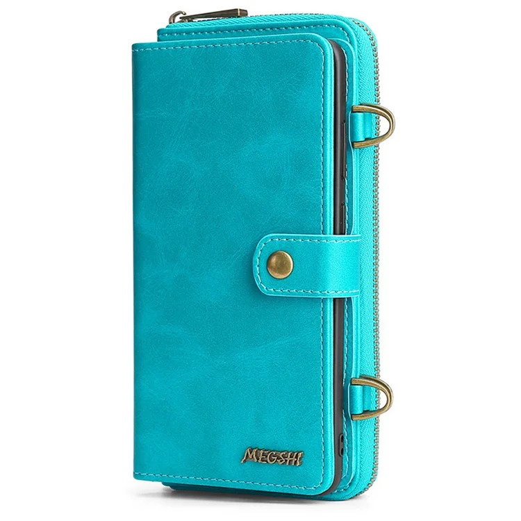 Megshi 020 Serie Desmontable 2-en-1 Diseño Magnético Resistente a Los Rasguños PU Cuero a Prueba de Choque y Billetera TPU Bolso de Hombro Para Iphone SE (2022)/SE (2020)/8/7 - Azul