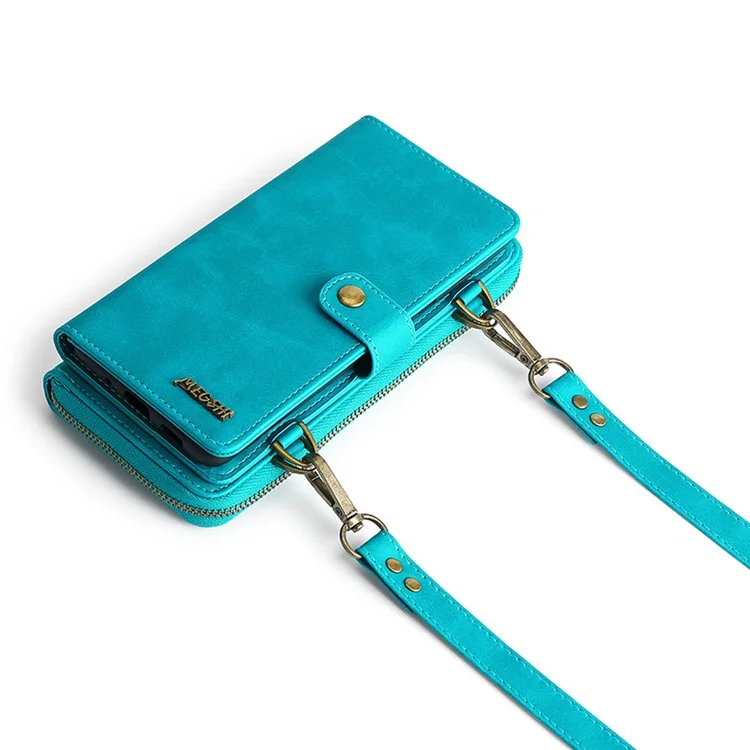 Megshi 020 Serie Desmontable 2-en-1 Diseño Magnético Resistente a Los Rasguños PU Cuero a Prueba de Choque y Billetera TPU Bolso de Hombro Para Iphone SE (2022)/SE (2020)/8/7 - Azul