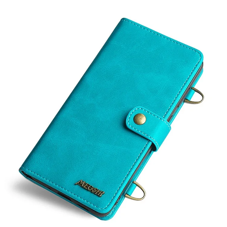 Megshi 020 Serie Desmontable 2-en-1 Diseño Magnético Resistente a Los Rasguños PU Cuero a Prueba de Choque y Billetera TPU Bolso de Hombro Para Iphone SE (2022)/SE (2020)/8/7 - Azul