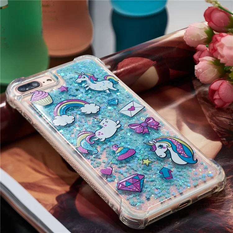 Patrón de Impresión de Diseño Quicksand Moving Glitter Case TPU Protective Cover para iPhone 6 Plus / 6s Plus / 7 Plus / 8 Plus 5.5 inch - Unicornios y Gato