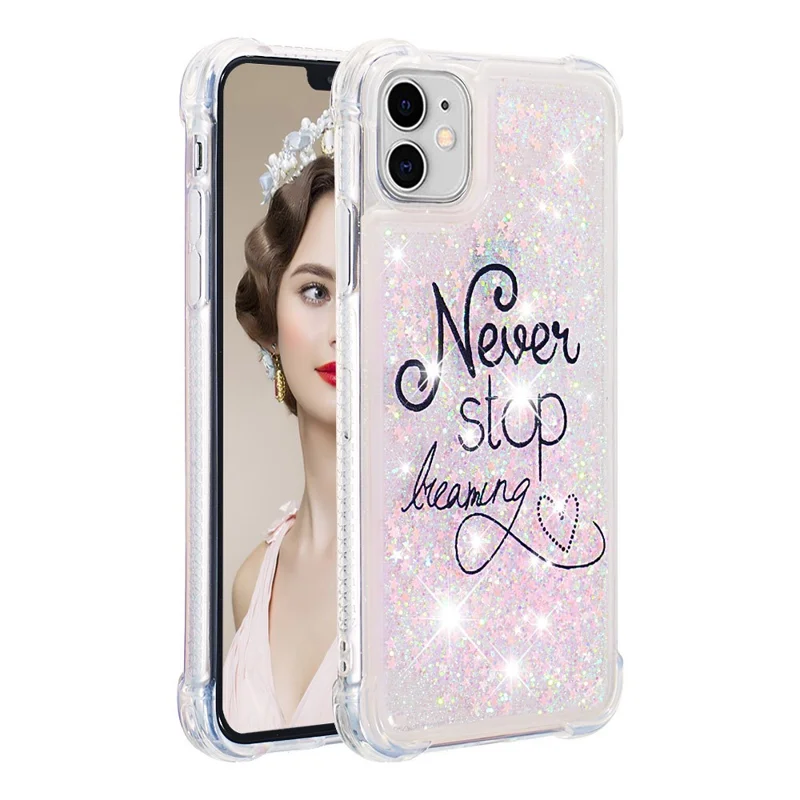 Pattern Printing Design Quicksand Moving Glitter Case Scratch-resistant Shockproof TPU Cover for iPhone 11 6.1 inch - Never Stop Dreaming