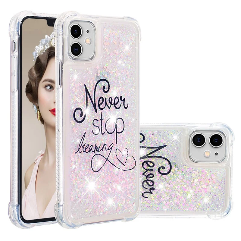 Pattern Printing Design Quicksand Moving Glitter Case Scratch-resistant Shockproof TPU Cover for iPhone 11 6.1 inch - Never Stop Dreaming