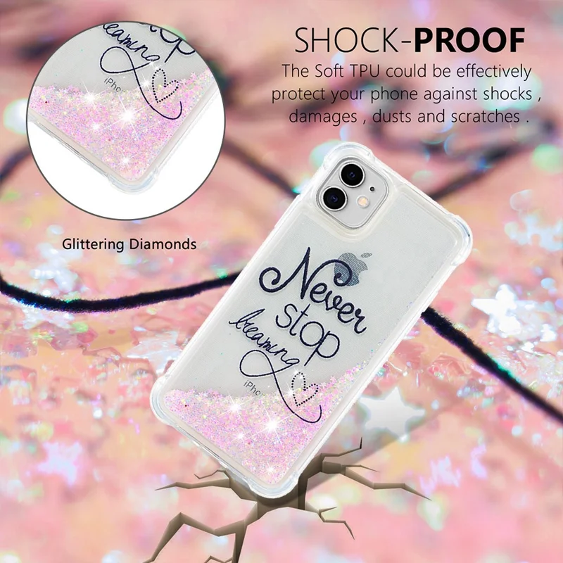 Pattern Printing Design Quicksand Moving Glitter Case Scratch-resistant Shockproof TPU Cover for iPhone 11 6.1 inch - Never Stop Dreaming