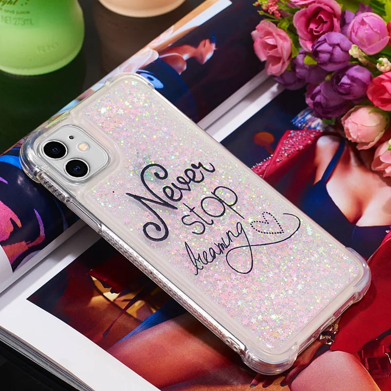 Pattern Printing Design Quicksand Moving Glitter Case Scratch-resistant Shockproof TPU Cover for iPhone 11 6.1 inch - Never Stop Dreaming