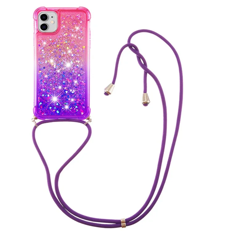 For iPhone 11 6.1 inch Anti-scratch Soft TPU Case Liquid Glitter Gradient Quicksand Sparkle Protective Cover with Lanyard - Pink/Purple