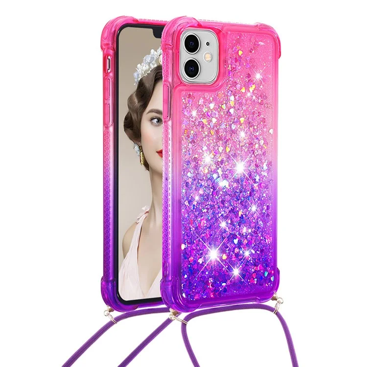 For iPhone 11 6.1 inch Anti-scratch Soft TPU Case Liquid Glitter Gradient Quicksand Sparkle Protective Cover with Lanyard - Pink/Purple