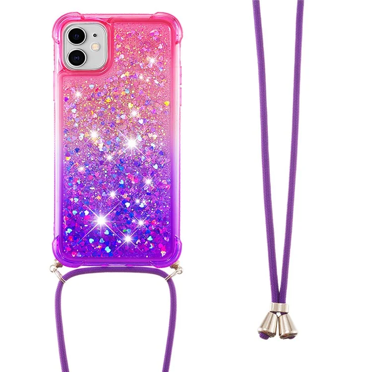 For iPhone 11 6.1 inch Anti-scratch Soft TPU Case Liquid Glitter Gradient Quicksand Sparkle Protective Cover with Lanyard - Pink/Purple