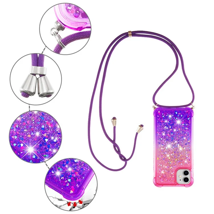 For iPhone 11 6.1 inch Anti-scratch Soft TPU Case Liquid Glitter Gradient Quicksand Sparkle Protective Cover with Lanyard - Pink/Purple