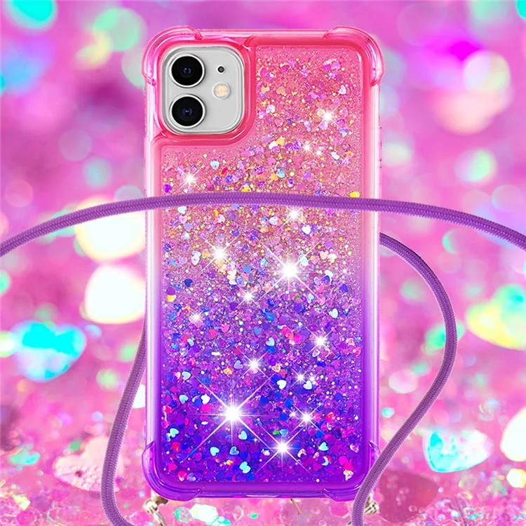 For iPhone 11 6.1 inch Anti-scratch Soft TPU Case Liquid Glitter Gradient Quicksand Sparkle Protective Cover with Lanyard - Pink/Purple