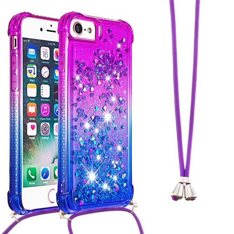 Soft TPU Stylish Anti-fall Case Liquid Glitter Gradient Quicksand Sparkle Phone Cover with Lanyard for iPhone 6/6s/SE (2022)/SE (2020)/8/7 - Purple/Blue