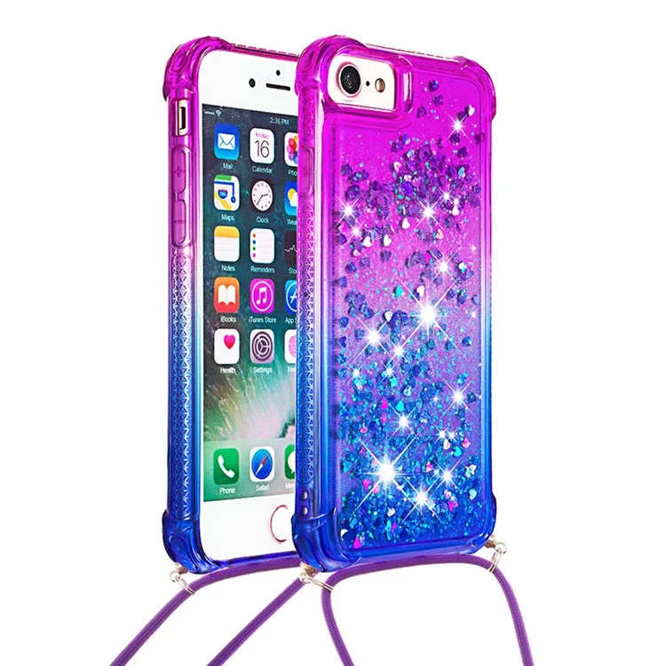 Soft TPU Stylish Anti-fall Case Liquid Glitter Gradient Quicksand Sparkle Phone Cover with Lanyard for iPhone 6/6s/SE (2022)/SE (2020)/8/7 - Purple/Blue