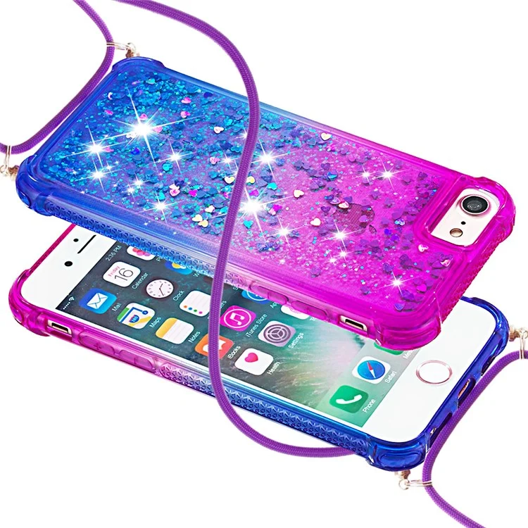 Soft TPU Stylish Anti-fall Case Liquid Glitter Gradient Quicksand Sparkle Phone Cover with Lanyard for iPhone 6/6s/SE (2022)/SE (2020)/8/7 - Purple/Blue