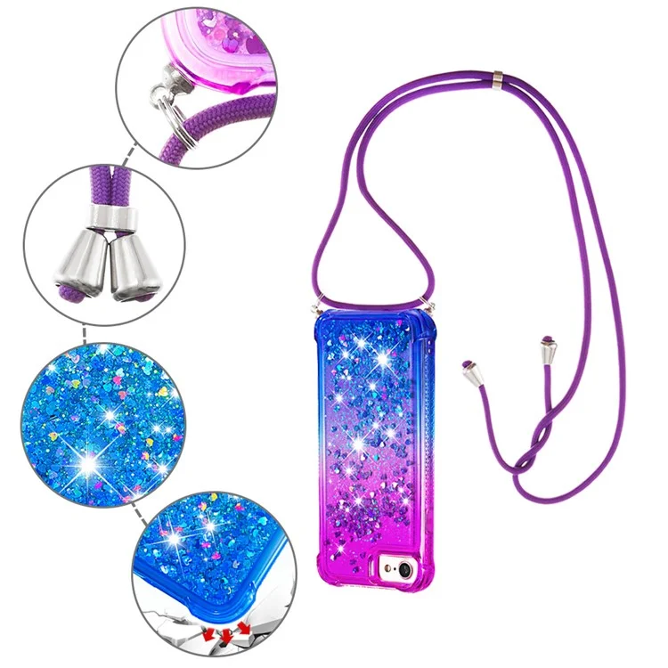 Soft TPU Stylish Anti-fall Case Liquid Glitter Gradient Quicksand Sparkle Phone Cover with Lanyard for iPhone 6/6s/SE (2022)/SE (2020)/8/7 - Purple/Blue