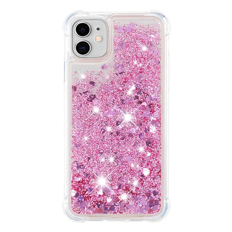 Reinforced Corner Anti-fall Quicksand Glitter TPU Protective Phone Case Shell for iPhone 11 6.1 inch - Rose Gold Hearts