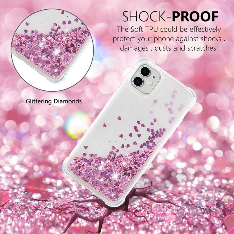 Reinforced Corner Anti-fall Quicksand Glitter TPU Protective Phone Case Shell for iPhone 11 6.1 inch - Rose Gold Hearts