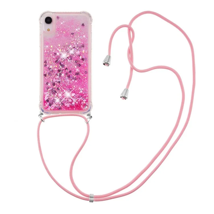 Glitter Quicksand Soft TPU Phone Case with Hands-free Lanyard for iPhone XR 6.1 inch - Pink Hearts