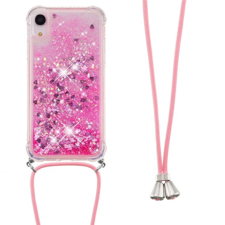 Glitter Quicksand Soft TPU Phone Case with Hands-free Lanyard for iPhone XR 6.1 inch - Pink Hearts