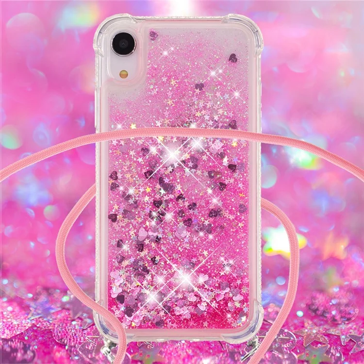 Glitter Quicksand Soft TPU Phone Case with Hands-free Lanyard for iPhone XR 6.1 inch - Pink Hearts
