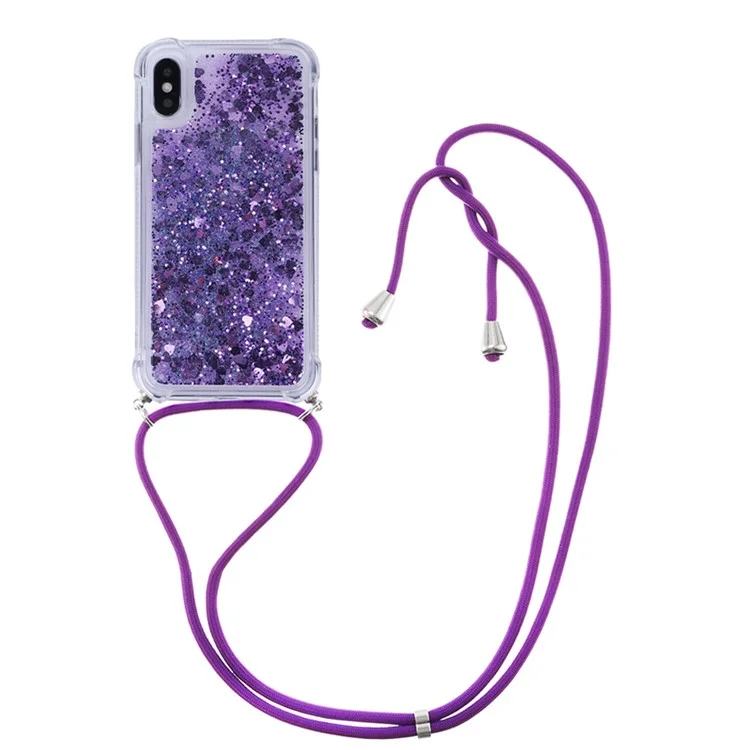 Glitter Quicksand Soft TPU Phone Case with Anti-lost Lanyard for iPhone X/XS - Dark Purple Hearts