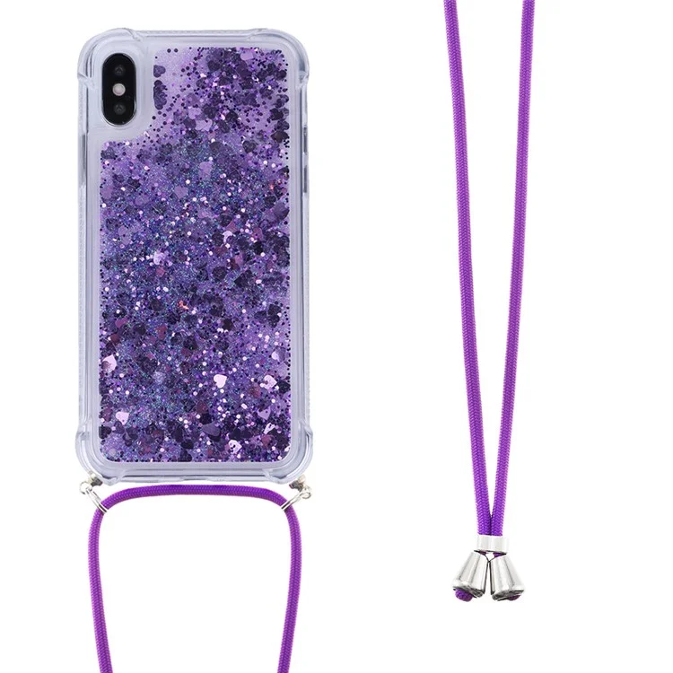 Glitter Quicksand Soft TPU Phone Case with Anti-lost Lanyard for iPhone X/XS - Dark Purple Hearts