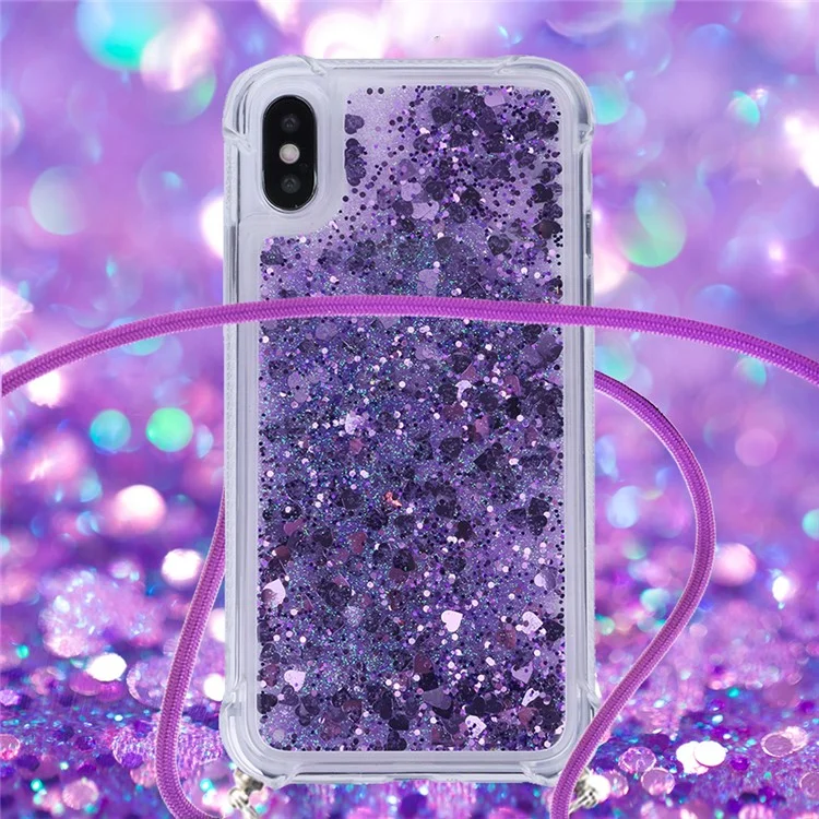 Glitter Quicksand Soft TPU Phone Case with Anti-lost Lanyard for iPhone X/XS - Dark Purple Hearts