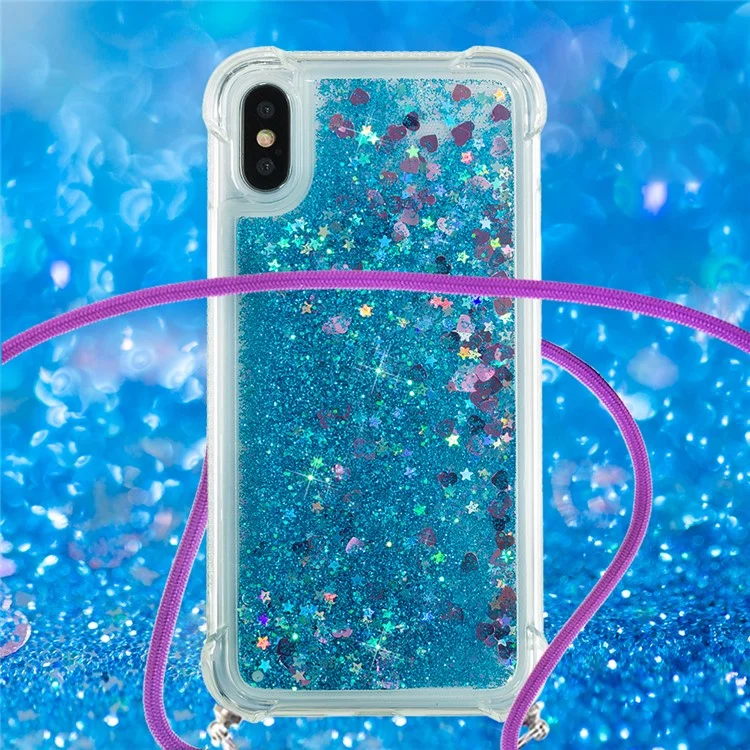 Glitter Quicksand Soft Tpu-telefonhülle Mit Anti-lanyard Für Iphone X/XS - Blaue Herzen