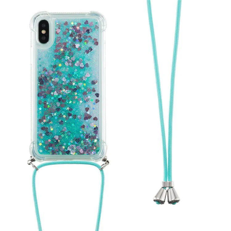 Capa de Telefone Soft TPU Quicksand Glitter com Cordão Antiderrapante para iPhone X/XS - Corações Verdes