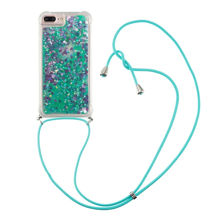 Fall Protection Quicksand Flowing Glitter TPU Protective Phone Cover Shell with Adjustable Lanyard for iPhone 6 Plus/6s Plus/7 Plus/8 Plus 5.5 inch - Green Hearts