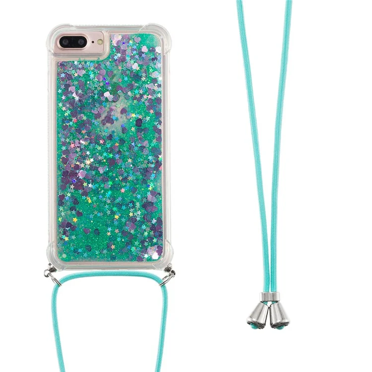 Fall Protection Quicksand Flowing Glitter TPU Protective Phone Cover Shell with Adjustable Lanyard for iPhone 6 Plus/6s Plus/7 Plus/8 Plus 5.5 inch - Green Hearts